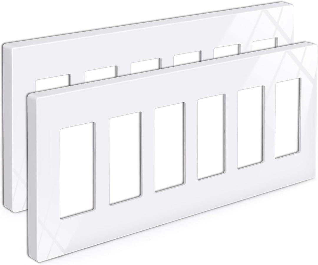 BESTTEN 2 Pack 6-Gang Screwless Decorator Wall Plate, Decorative Outlet Cover, Decor Switch Plate, USWP6 Gloss Snow White, Wallplate for Dimmer, GFCI & USB Receptacle, H4.69” x W12.0”, ETL Listed
