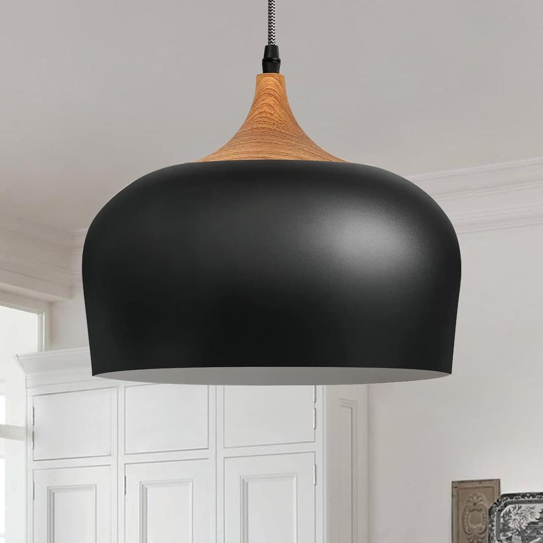 Modern Black Pendant Light, Wooden Dome Industrial Style Chandelier Light fixtures Ceiling Hanging for Dining Room, Kitchen Island, Bedroom, Hallway,Restaurant,Office