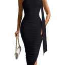 DAAWENXI Women's Sexy Sleeveless Ruched Slit Midi Dress Halter Mesh Bodycon Party Club Dresses Black, medium