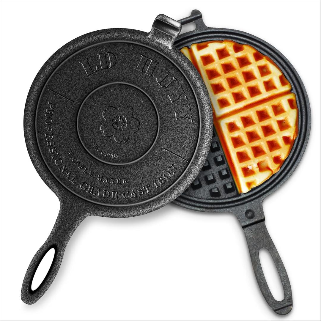 Professional 8-inch Cast Iron Waffle Maker Stove Top | 8 lbs Thickened Body, Quick Heating, Non-Coated Surface | Rustic Round Cast Iron Waffle Iron