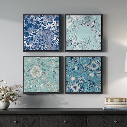 Framed Botanical Wall Art Set of 4, Floral Foliage Canvas Prints, Blue Green Nature Plant Illustrations Paintings for Living Room Bedroom Bathroom Office, 12x12 Inch