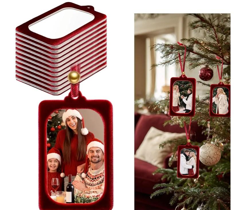 Bucherry 12 Pcs Christmas Velvet Hanging Photo Frame Ornaments 2×3 Inch Vintage Photo Ornaments Display Picture Xmas Frame Craft Kits for Family Christmas Tree Decor Home, Party (Red)