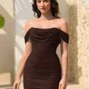 KUTUMAI Women Sexy Off Shoulder Mini Dress Corset Bodycon Ruched Short Cocktail Party Club Dresses (Brown, S)