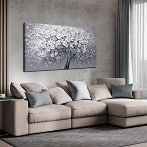 JuhaiArt White Flower Wall Art Bedroom Gray Wall Decor Tree Canvas Picture for Living Room Office 24" x 48" Modern Artwork Poster