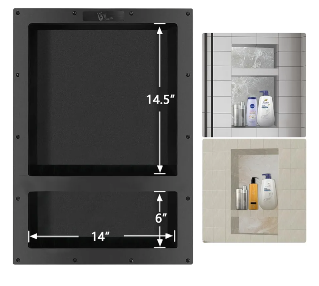 Ready Tile Double Shelf Shower Niche 25" x 17" x 4" Dimensions - Toiletry and Bathroom Niche Storage- Simple Installation with Texture Surface Shower Cubby Double Shelves