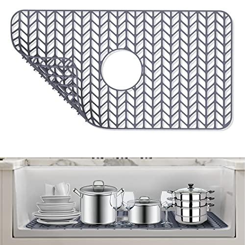 AWOKE Sink Protectors for Kitchen Sink - 26"x 14" Sink Mat - Heat-resistant Easy-clean Silicone Sink Mat - for Protection of Stainless Steel Sink - with Center Drain (Grey),Kitchen Sink Accessories