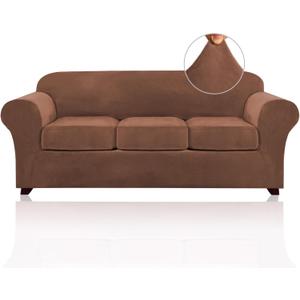 PrinceDeco Velvet Couch Covers for Sofa Soft 4 Pieces Couch Covers for 3 Cushion Couch Sofa Pet Friendly Furniture Protector with Non Slip Elastic Bottom Width Up to 90 Inch (Large, Caramel)