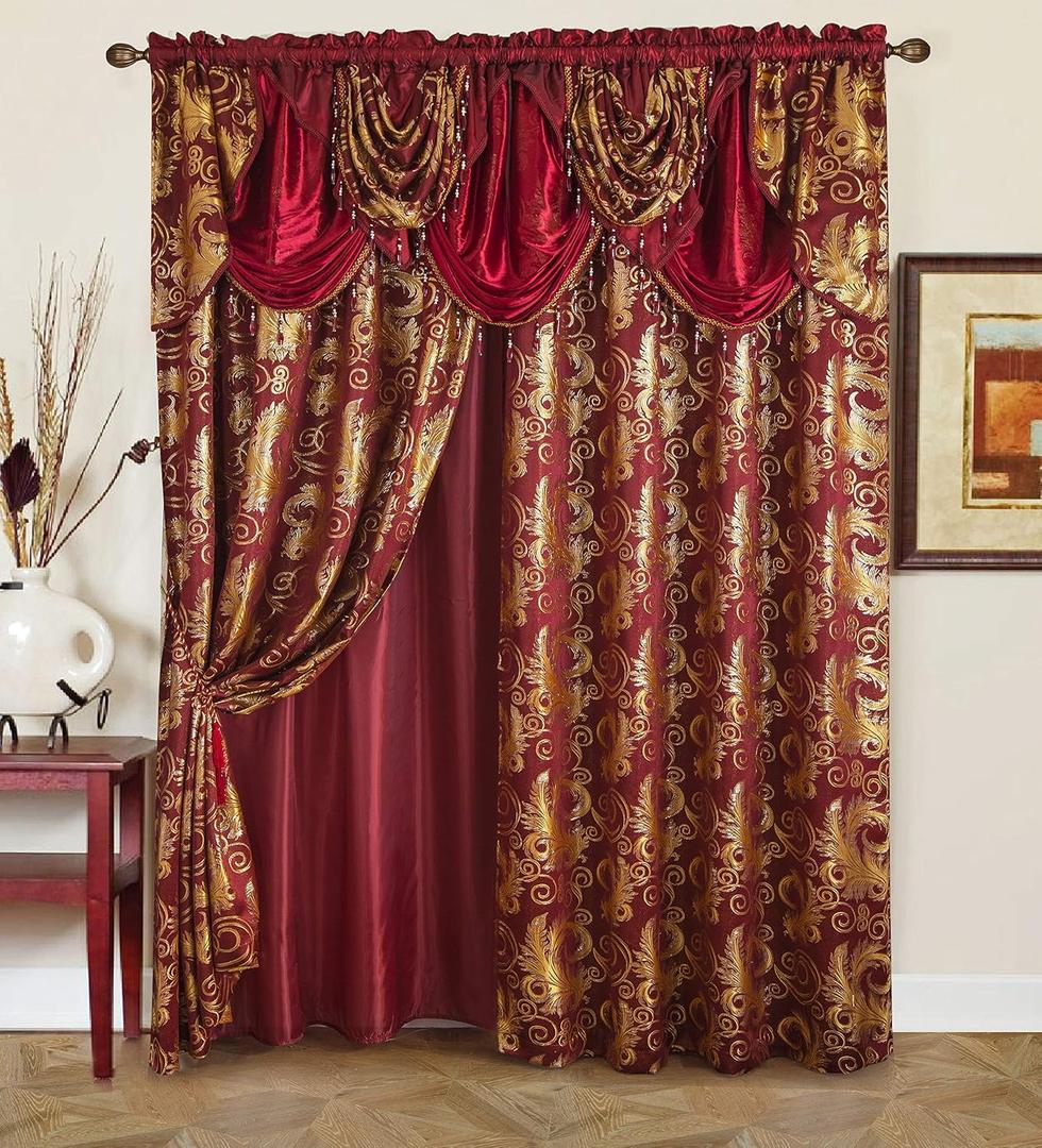 GLORY RUGS Jacquard Luxury Window 2 Panel Set Burgundy Gold Curtain with Attached Valance and Backing Bedroom Living Room Dining 2 Curtains 55x84 inches Each Jana