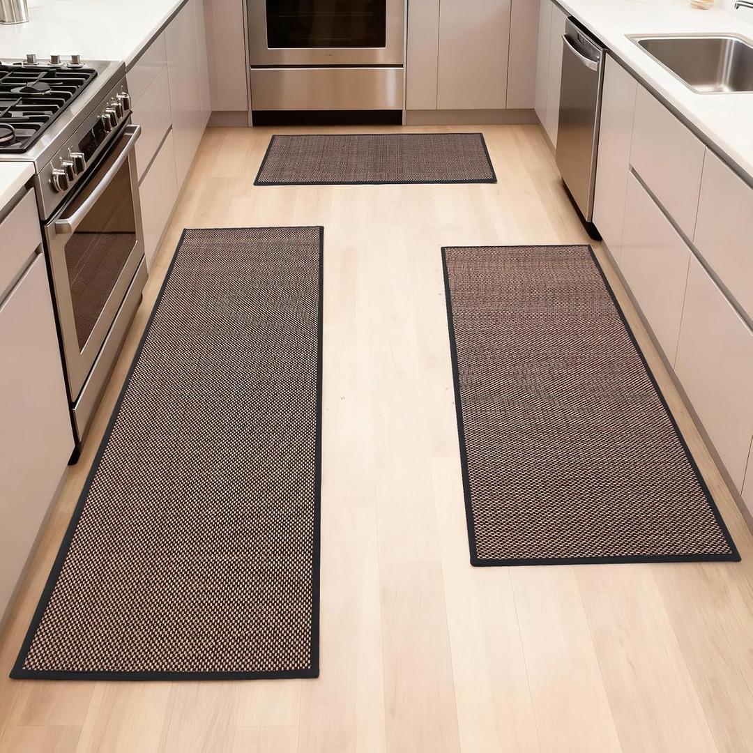 Kitchen Mat Set of 3 Non-Slip, Super Absorbent Microfiber Rugs for Sink & Stove Machine Washable Floor Mats (Black, 17.3" x 30" + 17.3" x 47" + 17.3" x 60")