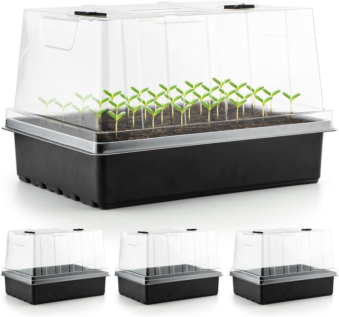4-Pack Thick Plastic Seed Starter Trays  Durable Germination Kit with 5" Humidity Domes and Grow Light Random, Strong & Reusable for Herbs, Microgreens, Vegetables  Perfect for Home Gardeners (4set 1015Trays+5'' Domes)