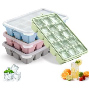 Silicone Ice Cube Trays with Lid, Set of 4, Easy Release Ice Molds, Reusable and Stackable Ice Trays for Freezer for Cocktail, Whiskey, Baby Food, BPA Free (Multicolour)