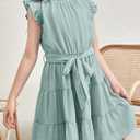 blibean Tween Girls Elegant Dresses Kids Summer Ruffle Sleeve Dress Size 4-15 Years Old (Green, M)
