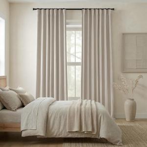 Oatmeal Linen Blackout Curtains 96 Inch Long 2 Panel Set, Pleated Drapes with Hooks for 8FT Floor to Ceiling or Track System, Neutral Warm Beige Greige Black Out Window Drapery for Bedroom Living Room