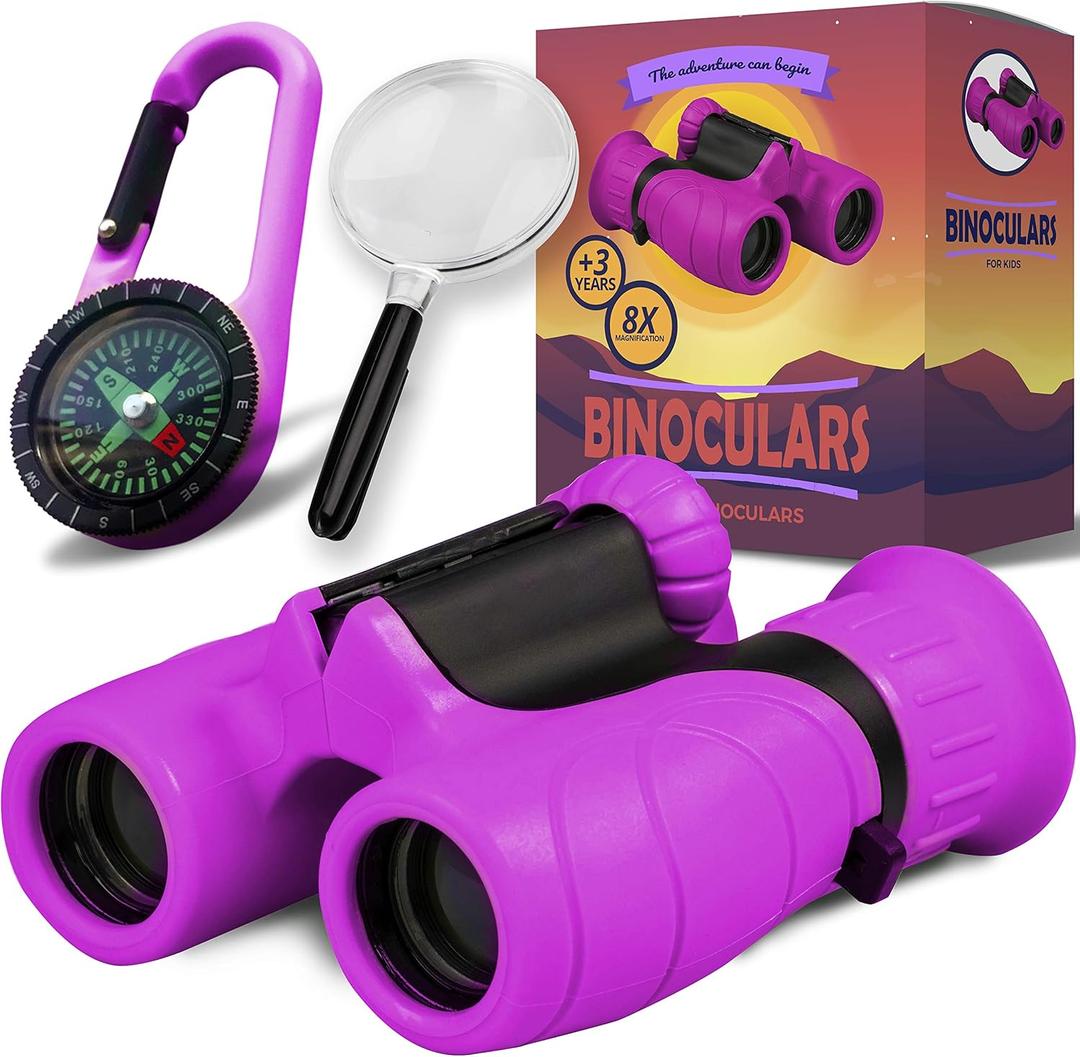 Binoculars for Kids  Perfect Toy for Little Boys and Girls  Extensive Set Incl. Magnifying Glass & Compass  Powerful Magnification 8X21  3 to 12 Year Old Kids for Toddler (Purple)