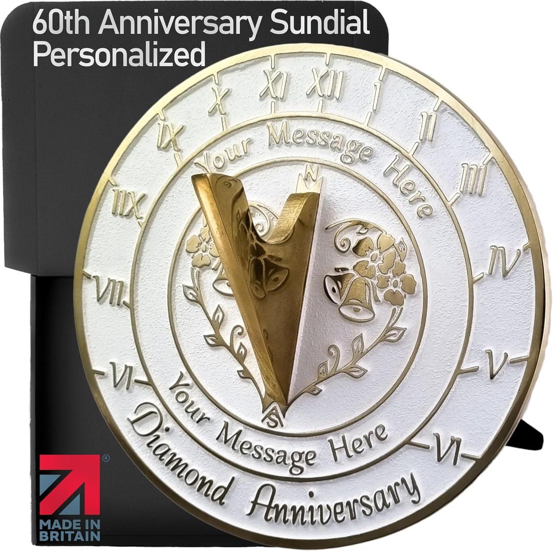 The Metal Foundry Personalized Diamond 60th Large Sundial - Recycled Brass Home Decor Or Garden Present Idea Made in The UK for Parents, Grandparents, Friends, Couples 60 Yr Marriage