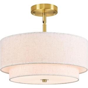 16" Semi Flush Mount Ceiling Light, Gold 3 Light Double Drum Fabric Lampshade Lighting Fixture for Living Room, Bedroom, Dining Room, Kitchen, Hallway (Swivel Canopy for Sloped/Flat Ceiling)