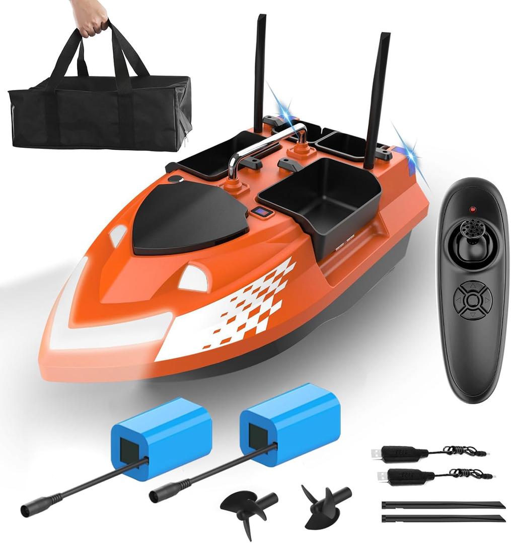 RC Bait Boat for Fishing with 4 Bait Containers, 1640FT Remote Range, Line Drop, Cruise Control, Dual 5200mAh Batteries, LED Lights, Hook Release & Carry Bag (Orange), 52.7 cm