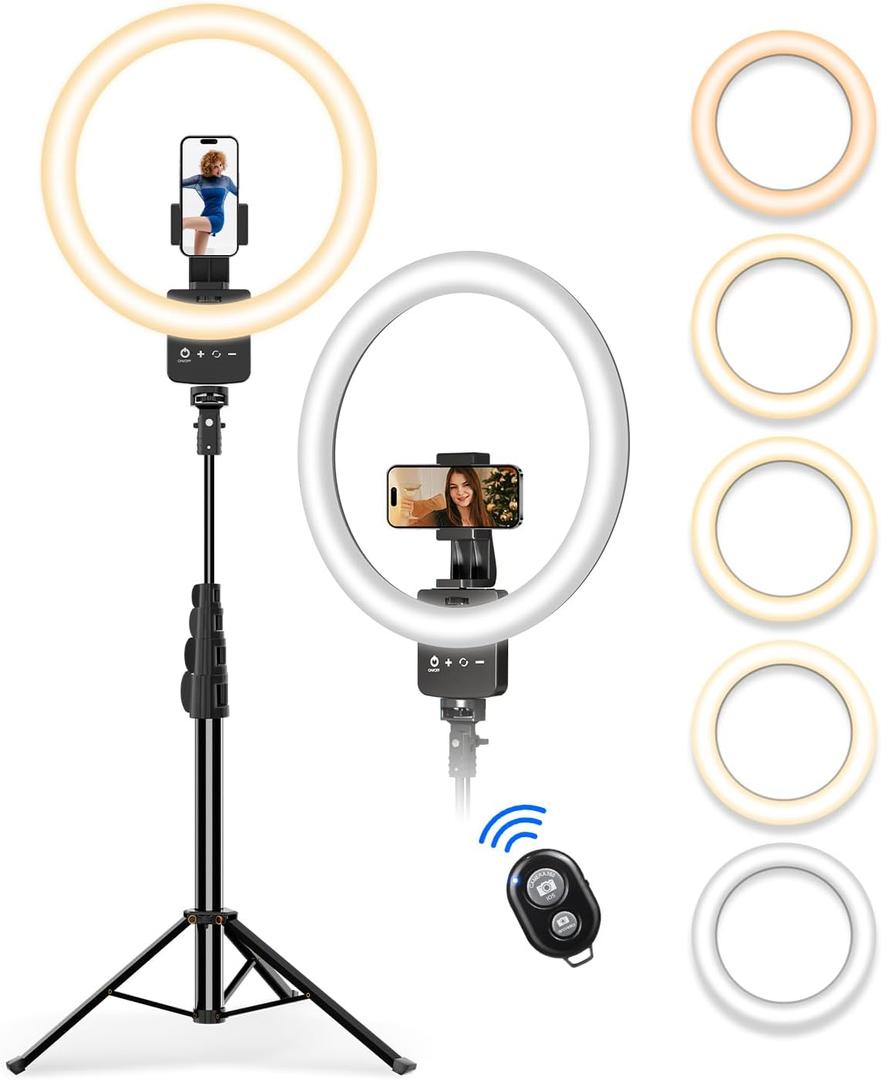 12'' Ring Light with 62'' Extendable Tripod Stand, Selfie Ring Light with Stand and 2 Phone Holder for Live Stream/Makeup/YouTube/TikTok, Compatible with All Phones, Ipads and Cameras (12inch)