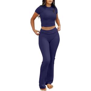 ANRABESS Lounge Sets for Women 2 Piece Foldover Yoga Flare Leggings Pants Crop Tops Casual Y2K Outfits Matching Tracksuit Set (Blue, L)