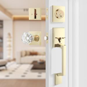 Leydebong Keyed Different Front Door Lock Set, Exterior Door Handle Gold, Entry Door Locksets with Deadbolt, Glass Door Knobs, Reversible for Left & Right Doors, Polished Brass Finish