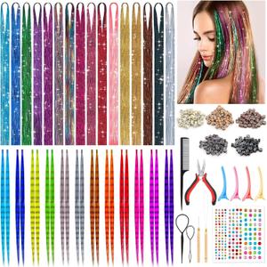 Hair Tinsel Kit, 16 Colors, 3200 Strands Tinsel & 12 Colors Hair Feathers - Heat Resistant Shiny, Perfect for Cosplay or Party