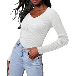 Womens Fashion Sweaters Fall Fashion 2024 Temperament Skinny V-Neck Pullover Cashmere Thin Sweatshirts Wrinkle Free Work Cute Tops Office White, Large