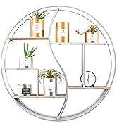 Round Wall Shelf, 24 Inch Metal & Wood Circular Floating Shelf, Black Mounted Display Organizer for Fireplace, Living Room, Bathroom, White 