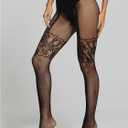 OYOANGLE Women's Floral Lace Fishnet Mesh Tights High Waisted See Through Sheer Pantyhose (Black)