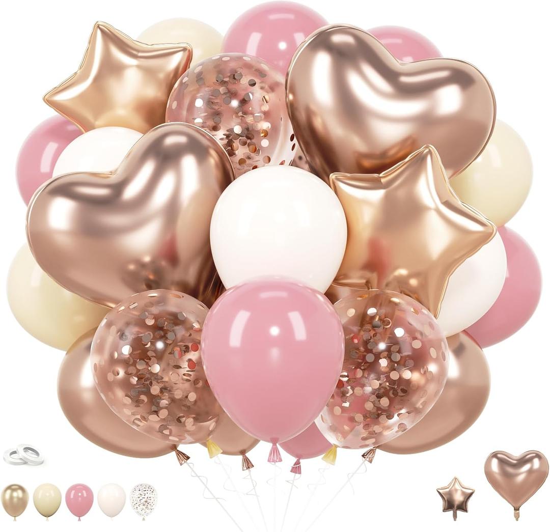 68pcs Pink and White Balloons Dusty Pastel Light Pink Sand White Rose Gold Cream Heart Star 12 Inch Balloon Decorations for Baby Shower Girls Bachelorette Birthday Bridal Wedding Party Decor Supplies
