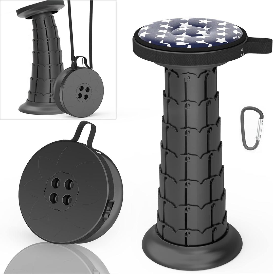 ALEVMOOM Upgraded Portable Retractable Folding Stool,Camping Telescoping Stools with Swivel Cushion,Collapsible Stool for Adults,Hold Up to 440Ib for Garden Travel with Carry Bag&Carabiner (Black)