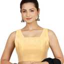 Chandrakala Sleeveless Stretchable Blouses for Women Sarees with Back Side Elastic, Readymade Crop top Choli (B221-P) (Size Small, Gold)