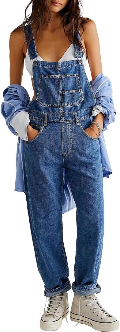 Women's Casual Denim Jean Overalls Loose Baggy Jumpsuit Romper Harem Pants Dark Blue S (Blue, S)