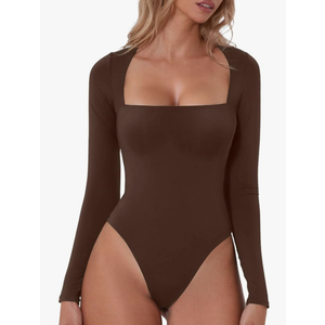 QINSEN Women's Sexy Square Neck Bodysuit Long Sleeve Double Lined Shirt Tops M