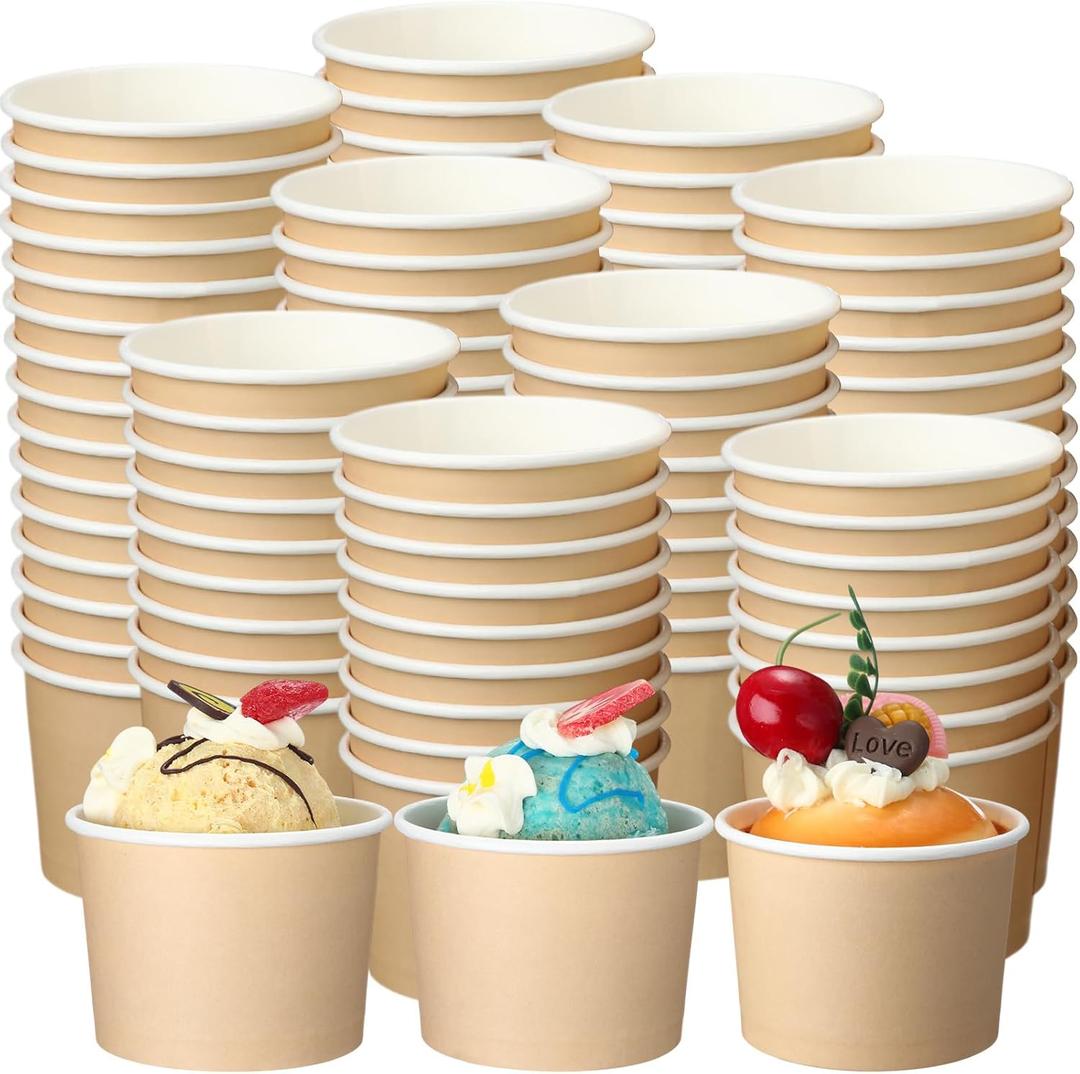 Honeydak 200 Pack Beige Kraft Ice Cream Cups Bulk 5 oz Small Disposable Treat Paper Cups Dessert Yogurt Bowls Snacks Sundae Yogurt Container for Summer Ice Cream Wedding Birthday Party Supplies