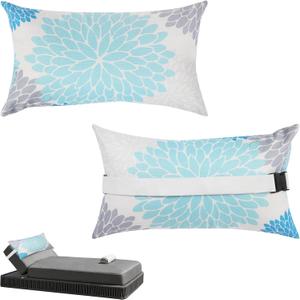 Chaise Head Rest Pillows Set of 2, Outdoor Lounge Pillow Lumbar Pillows with Insert and Adjustable Elastic Strap Decorative Pillows for Patio Beach Pool Chair, Light Blue Gray Flower