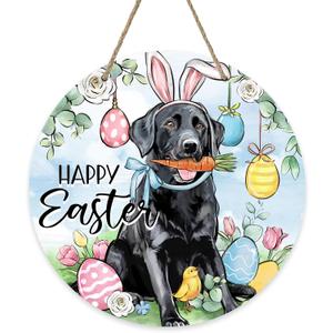 Happy Easter Black Labrador Dog Front Door Sign, Easter Eggs Wood Door Hanger Outdoor Outside Porch Decor, Spring Chick Carrot Wooden Wreath Indoor Wall Hanging Decoration Pet Lover Gift