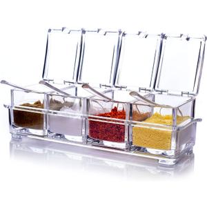 ME.FAN Clear Seasoning Rack Spice Pots - 4 Piece Acrylic Seasoning Box - Storage Container Condiment Jars - Cruet with Cover and Spoon