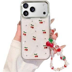 Cute Case for iPhone 17 Pro Max,Red Cherry Pearls Case with Phone Charm Chain,Flowers Fruit Women Girls Designed Shockproof for 17 Pro Max -White