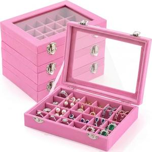Nosiny 3 Pcs Earrings Jewelry Box Ring Display Case 24 Grids Velvet Jewelry Organizer Box Tray Earrings Holder Storage Case for Girls Wife Mom Women (Pink)