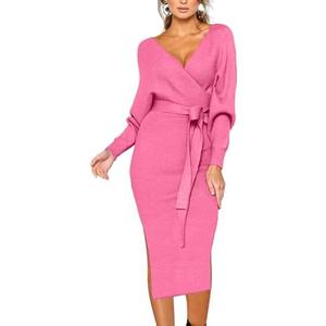 CHERFLY Women's V Neck Sweater Dresses Batwing Long Sleeve Backless Bodycon Long Dress with Belt XL