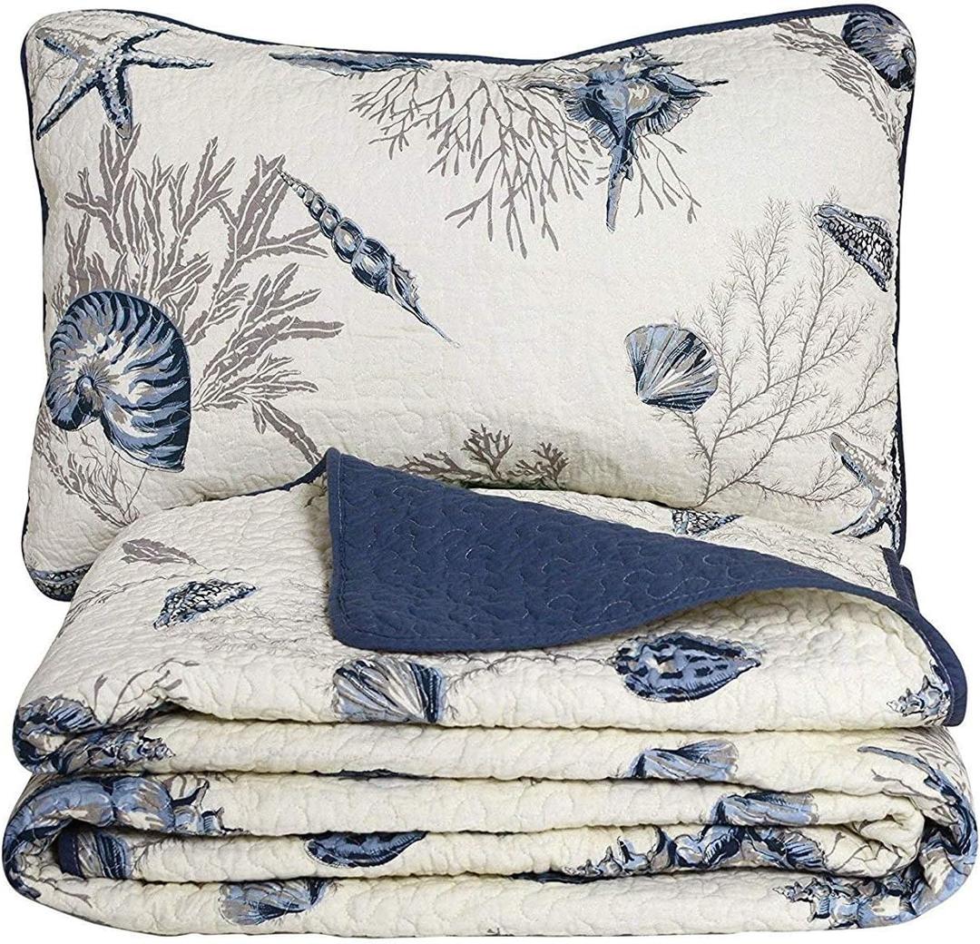 Brandream Coastal Seashell Beach Bedding Quilt Set Nautical Coverlet Set King Size 100% Cotton 3-Piece (Blue) Brandream Coastal Seashell Beach Bedding Quilt Set Nautical Coverlet Set King Size 100% Cotton 3-Piece (Blue)