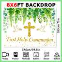 Greenery First Holy Communion Backdrop 8x6ft Polyester God Bless Baptism Photo Banner for Boys Girls Newborn Christening Confirmation Backdrop with Ribbon