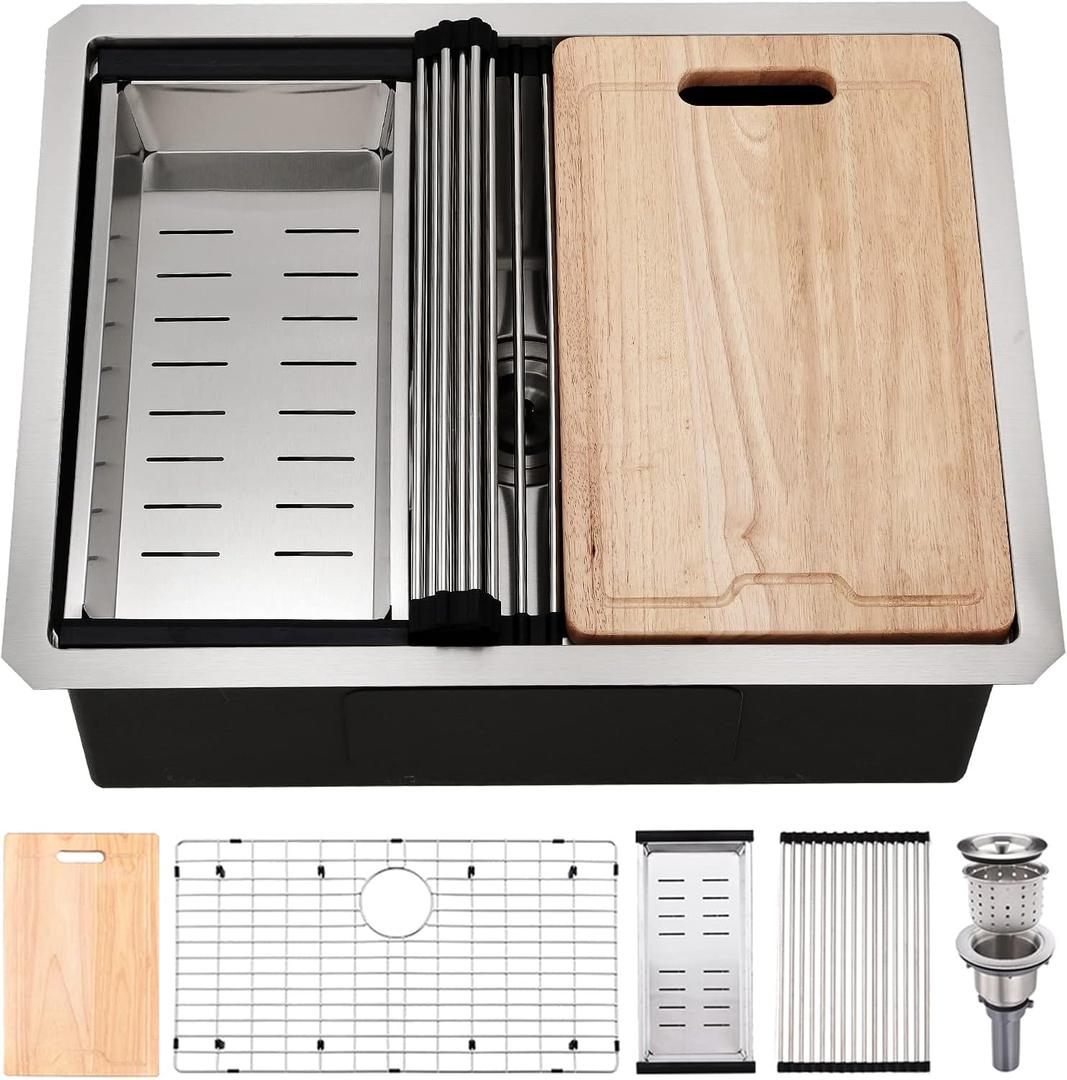 24 Inch Undermount Kitchen Sink, BoomHoze 24 x 19 Inch Sink Kitchen 16 Gauge Stainless Steel Workstation Undermount Single Bowl Outdoor, 24"x19"x10"