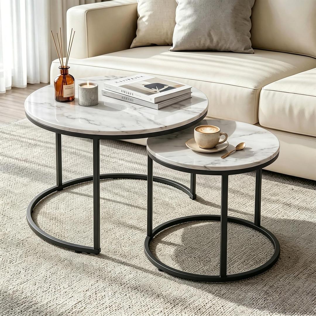 Round Nesting Coffee Table Set of 2, Modern Nesting Tables, Minimalist Stacking End Tables for Living Room Bedroom, Sturdy Metal Frame Center Table for Small Space (White & Black), 23.6" x 17.9"