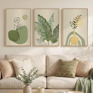 Framed Botanical Modern Wall Art for Living Room, 3 Piece Sage Green Boho Floral Canvas Paintings Prints, Minimalist Neutral Plant Pictures for Bedroom Dining Room Office Wall Decor, 16x24 Inch