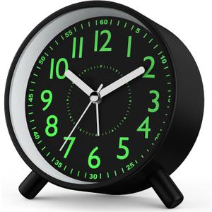 Retro Analog Alarm Clock with Night Light, Battery Operated, Easy to Set - Ascending Alarm, Snooze, Simple Round Metal Design for Bedroom, Desk, Bedside, Travel, Kids, Adults, Heavy Sleepers (Black)