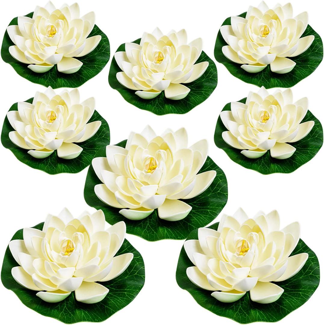 8Pcs Artificial Lotus Flower Decor, 7inch & 4inch Floating Foam Lotus Flowers, Outdoor Pond Plants, Water Lily Pads Decoration