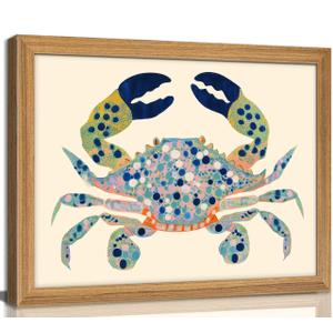 UAWRL Solid Wood Framed Watercolor Blue Coastal Crab Canvas Wall Art 24x16
