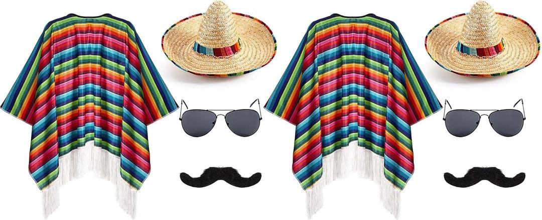 Mepase 8 Pcs Mexican Costume Set Include Mexican Serape Poncho Sombrero Sunglasses Mustache (Adult)
