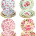 Pasimy 64 Pcs Floral Vintage Plates Paper Tea Party Tableware Set 9 Inch and 7 Inch Plates for Tea Party Birthday Baby Shower Wedding Bachelorette Supplies (Rose)